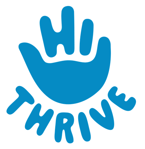 Blue logo featuring a stylised hand forming the letters “HI” above the word “THRIVE” in rounded lettering.