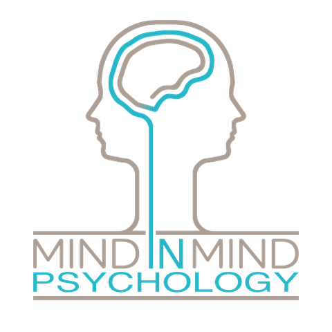 The logo for the Psychology clinic Mind in Mind Psychology, showing silhouettes of two people and their brains.